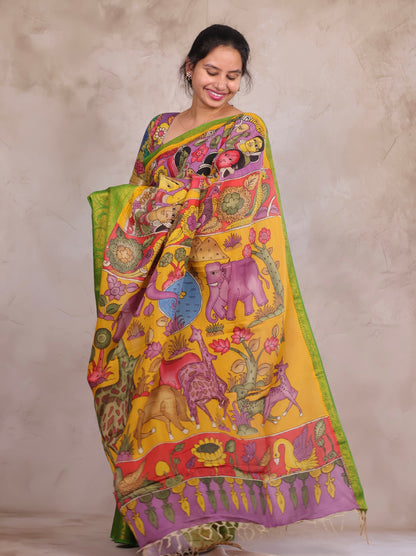 Hand Drawn Pen Kalamkari Lavender And Green Bangalore Silk Kanchi Border Saree | Looms & Tassels