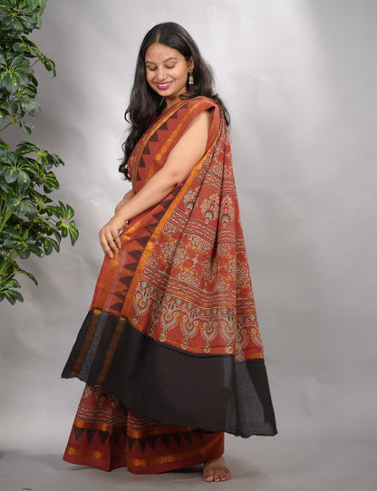 Red Ajrakh Hand Block Printed Sungudi Cotton Saree | Looms & Tassels