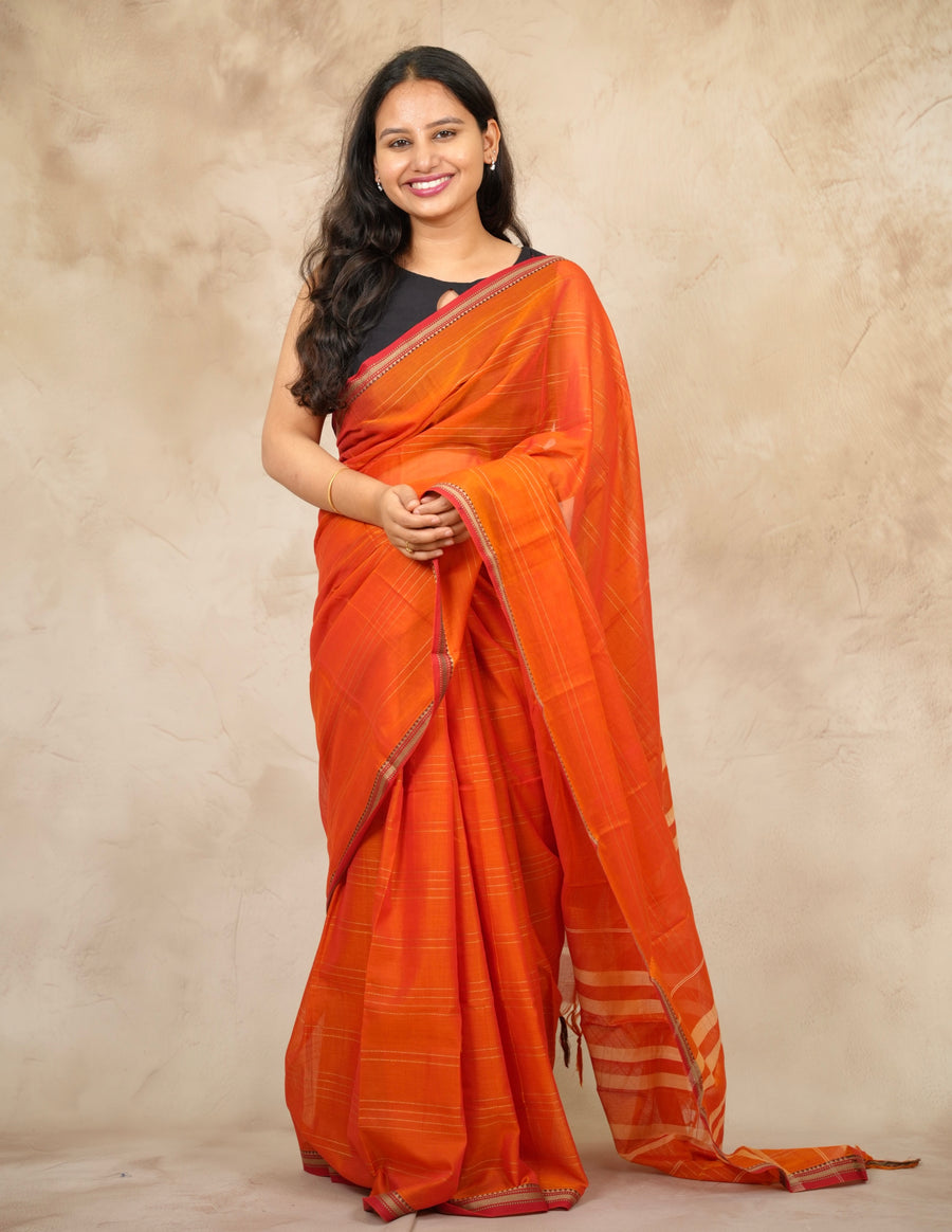 Orange Narayanpet Cotton Saree lines weaving | Looms & Tassels