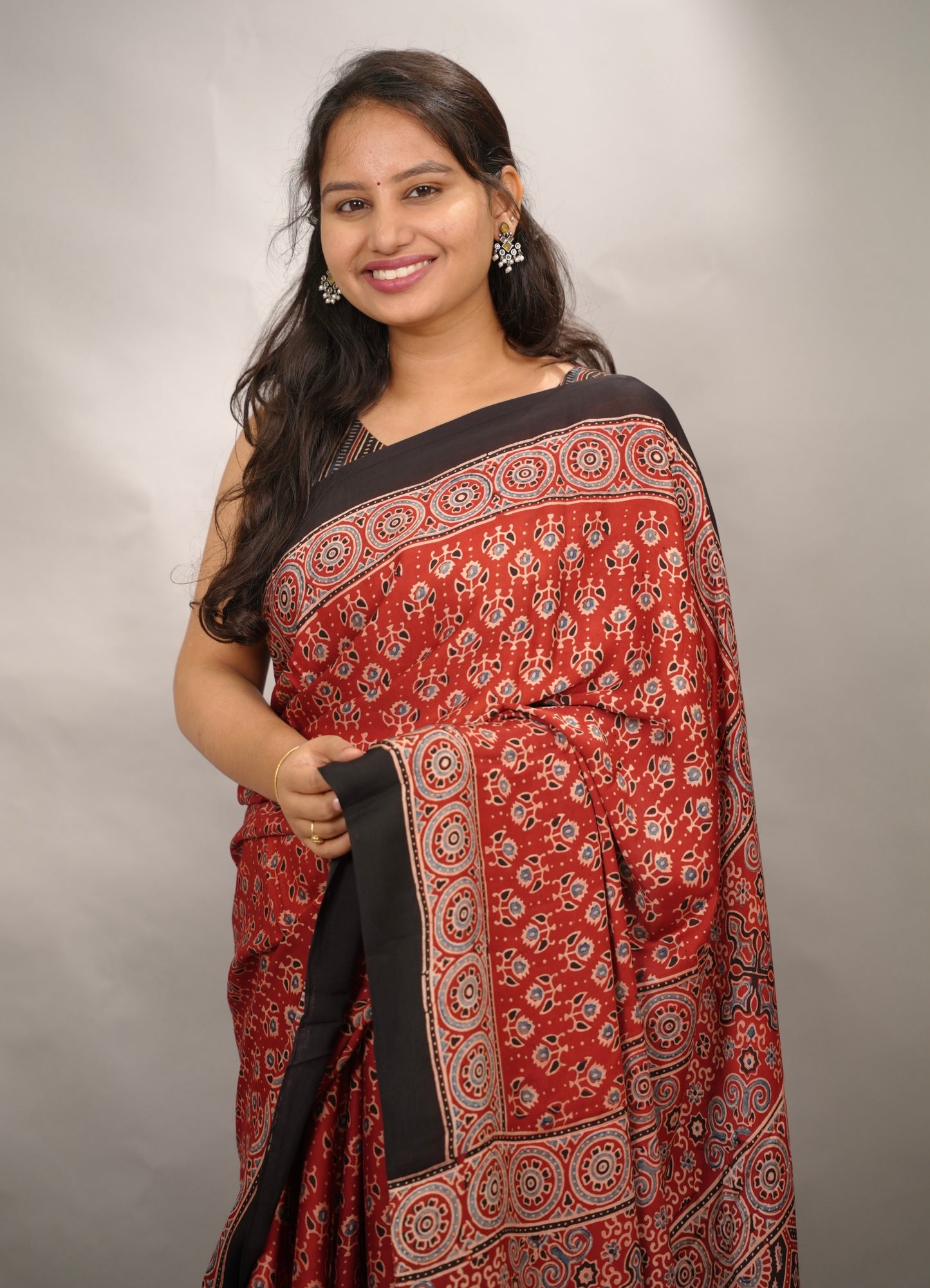 Maroon Authentic Ajrakh Handblock Printed Modal Silk Saree | Looms & Tassels
