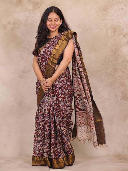 Hand Block Printed Kalamkari Kanchi Border Silk Saree