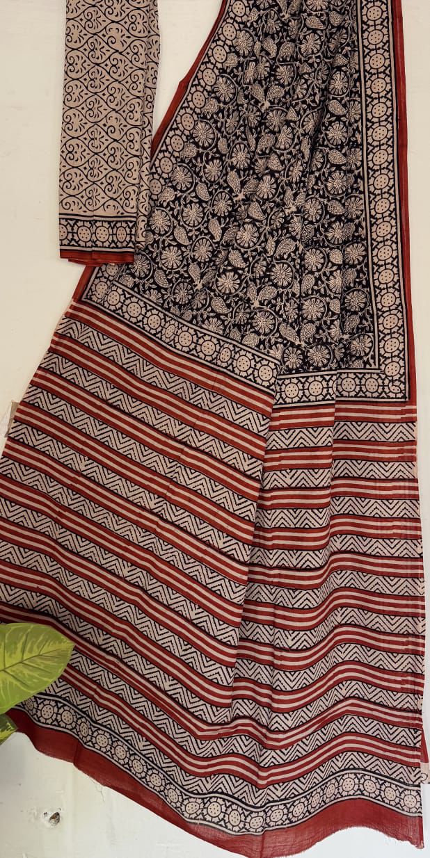 Bagru Handblock printed MulMul cotton saree