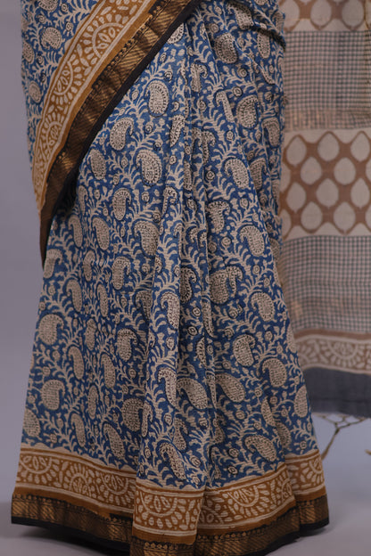 Blue Bagru Hand Block Printed Maheswari Silk Cotton Saree