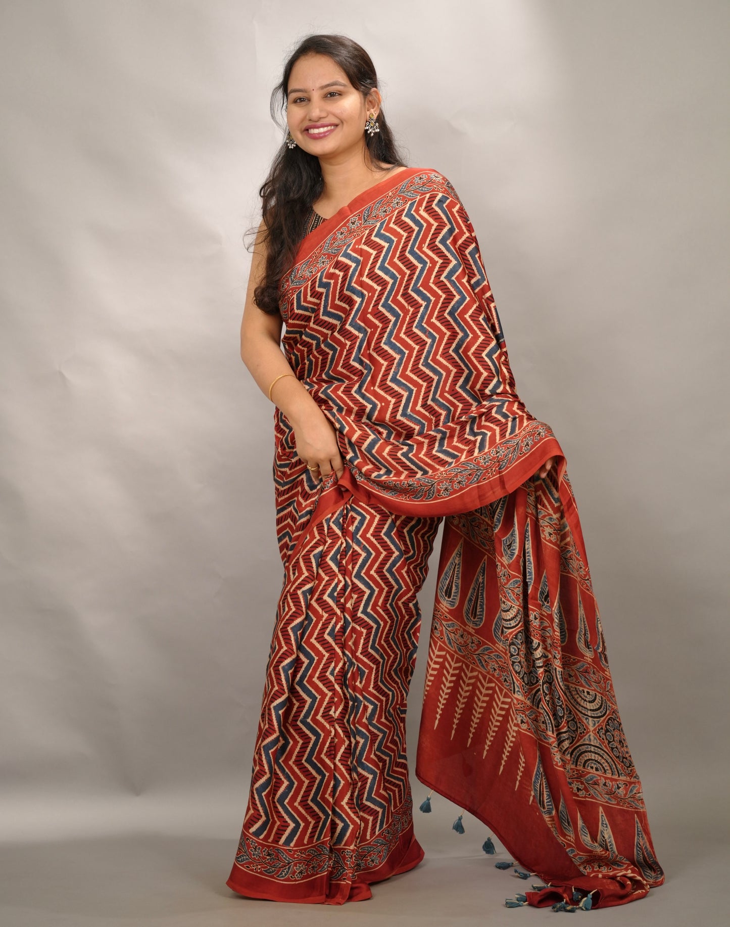 Maroon Authentic Ajrakh Handblock Printed Modal Silk Saree | Looms & Tassels