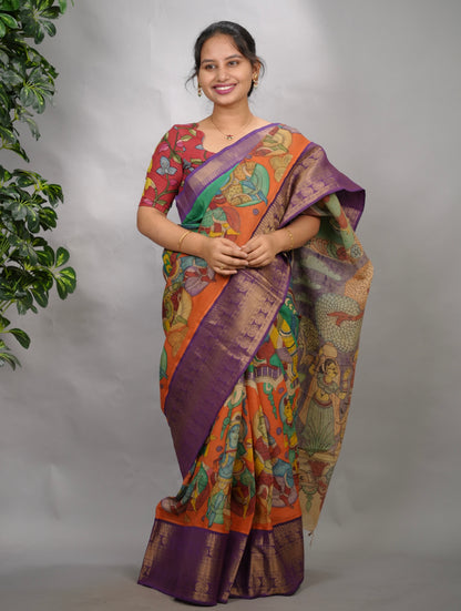 Green & Orange Hand Drawn Pen Kalamkari Bangalore Silk Kanchi Border Saree | Looms & Tassels