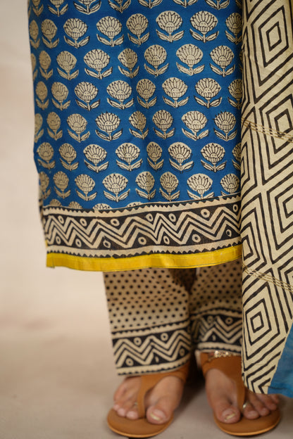 Blue Handblock printed Pure Chenderi Silk 3 piece suit (stitched) |  Looms & Tassels
