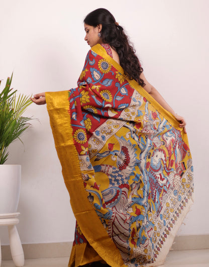 Red Kanchi border Kalamkari chennur silk saree
