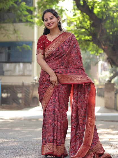 Maroon Traditional Ajrakh Dola Silk Saree