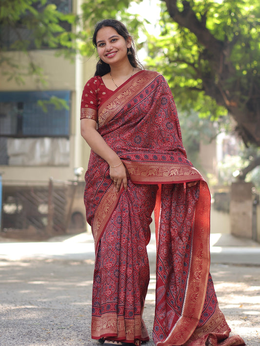 Maroon Traditional Ajrakh Dola Silk Saree