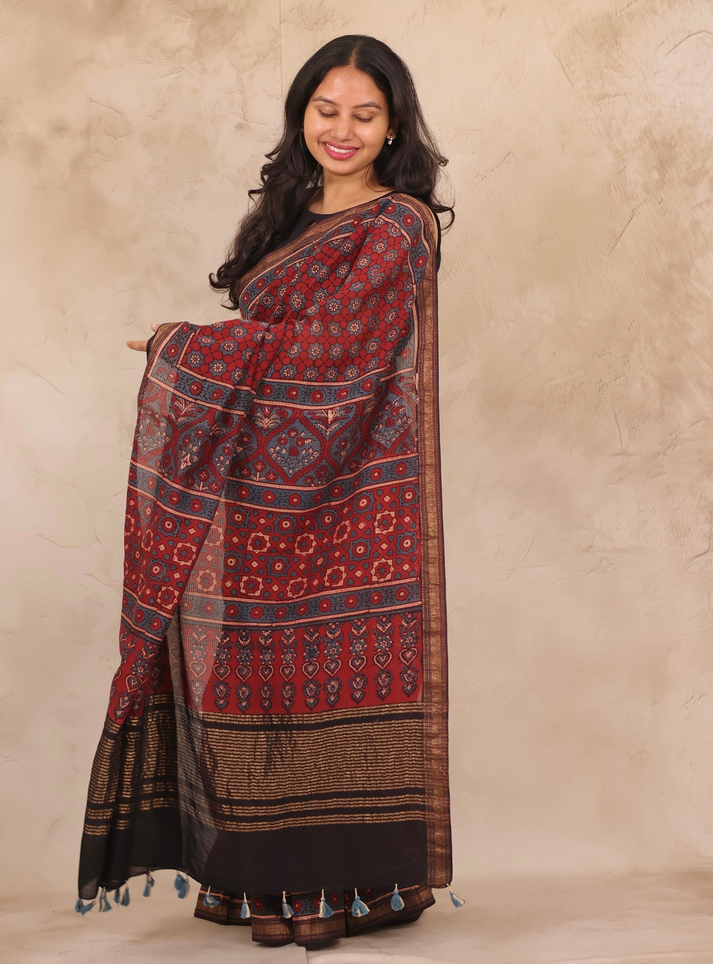 Maheswari Silk Cotton Ajrakh Handblock Printed Saree | Looms & Tassels
