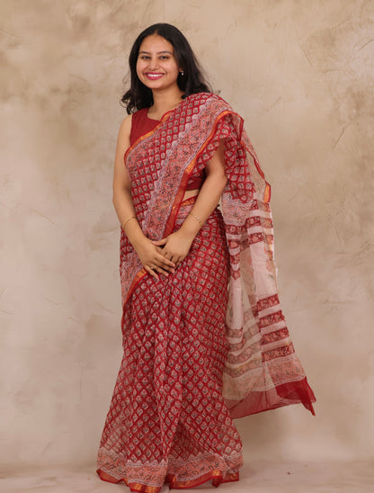 Red Pure Kota Doria Saree with Bagru Handblock Prints | Looms & Tassels