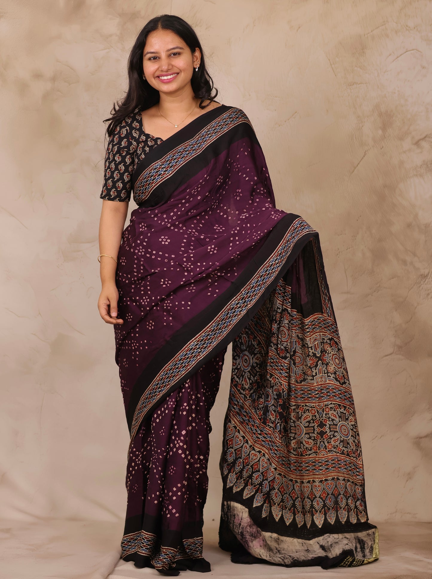 Jamun Hand Knotted Bandhej Arakh Modal Silk Saree with Lagdi Pallu | Looms & Tassels