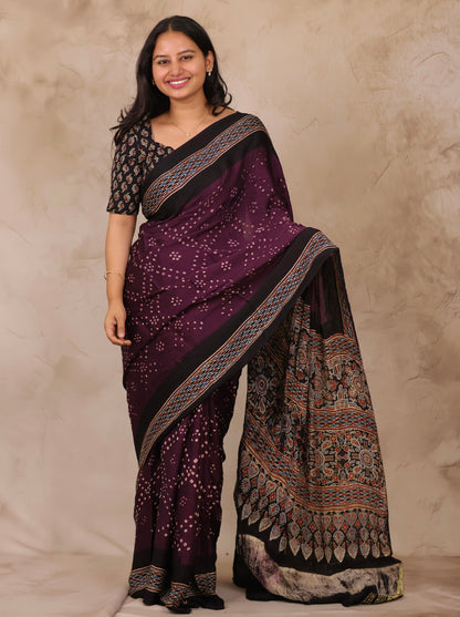 Jamun Hand Knotted Bandhej Arakh Modal Silk Saree with Lagdi Pallu | Looms & Tassels