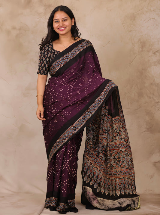 Jamun Hand Knotted Bandhej Arakh Modal Silk Saree with Lagdi Pallu | Looms & Tassels
