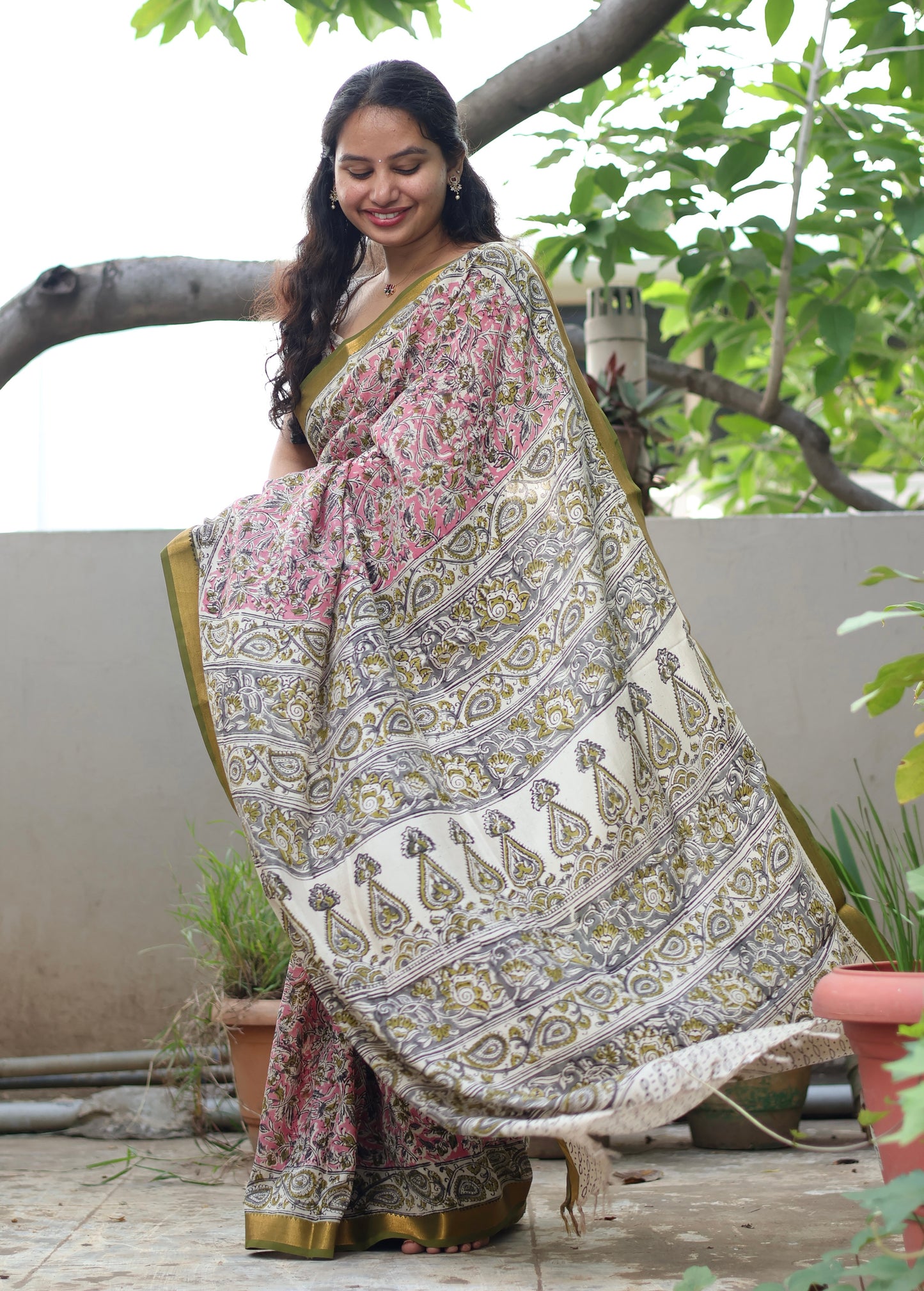 Pink Hand Block Printed Kalamkari Nizam Border Silk Sare