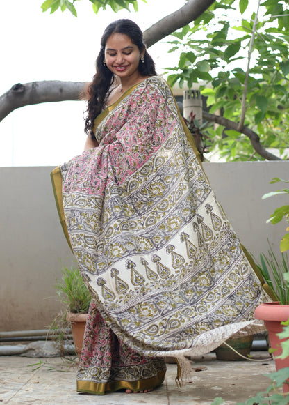 Pink Hand Block Printed Kalamkari Nizam Border Silk Sare