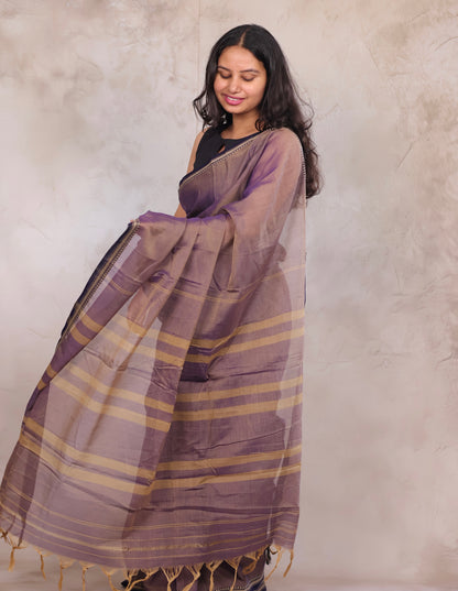 Lavender Narayanpet Cotton Saree with Ikkat Blouse Piece | Looms & Tassels