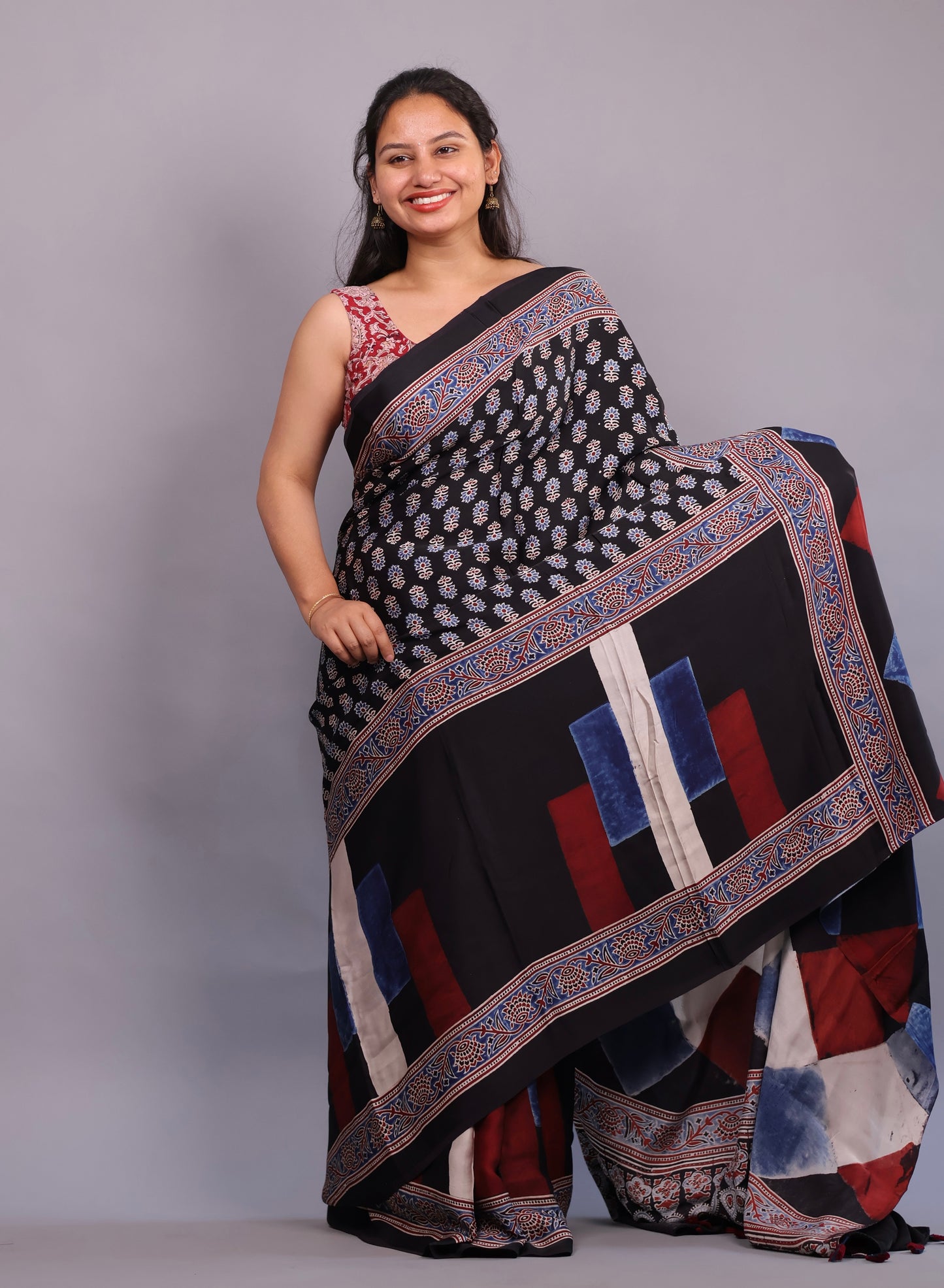 Authentic Ajrakh Handblock Printed Modal Silk Saree | Looms & Tassels