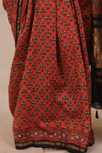 Maheswari Silk Cotton Ajrakh Handblock Printed Saree | Looms & Tassels