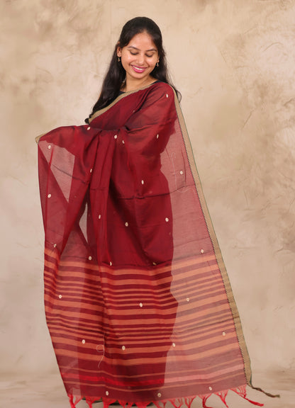 Maroon Narayanpet Cotton Saree With Butta Weaving | Looms & Tassels
