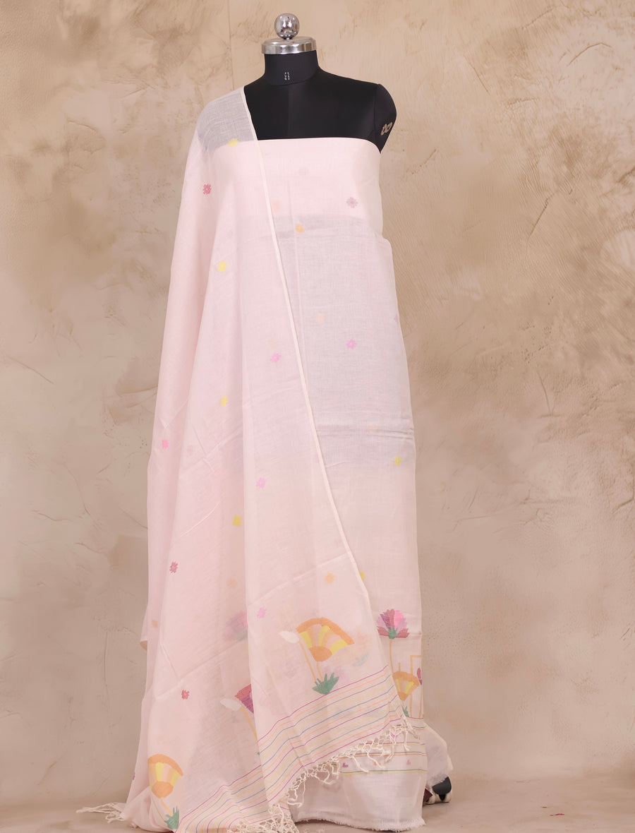 Cream Handwoven Jamdhani weaving pure Malai cotton 2 piece suit sets | Looms & Tassels