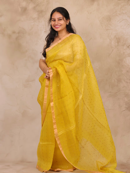 Mustard Handwoven Muslin Silk Saree With Sequence Work | Looms & Tassels