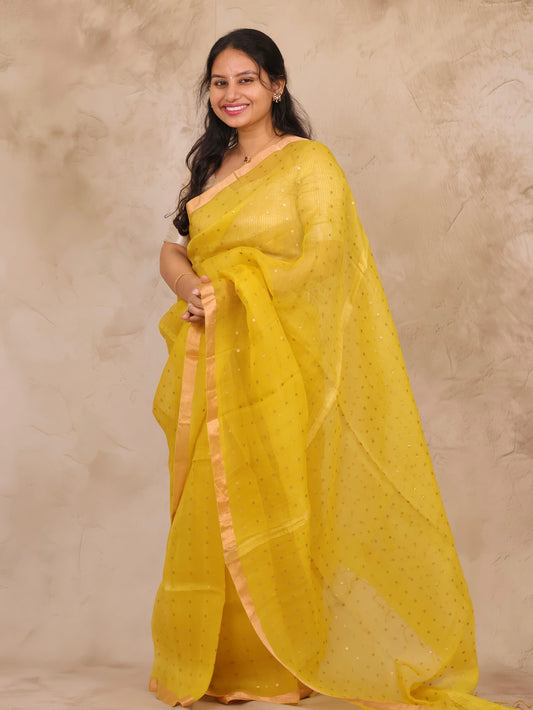 Mustard Handwoven Muslin Silk Saree With Sequence Work | Looms & Tassels