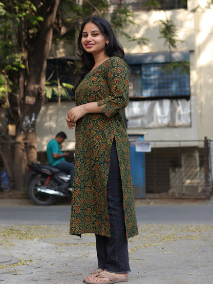 Green Ajrakh Hand Block Printed Kurti