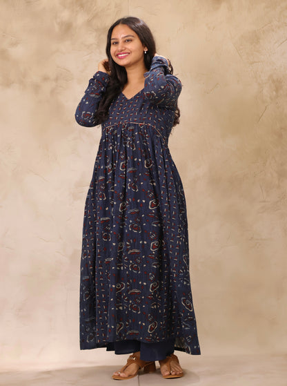 Indigo Ajrakh Hand Block Printed Pure Mul Cotton Aline Kurta | Looms & Tassels