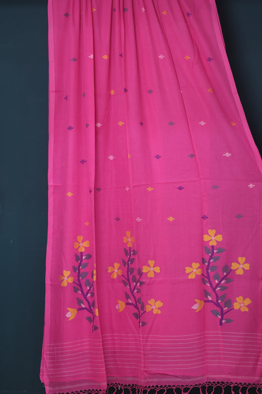Pink Pure Handwoven Jamdhani Malai Cotton Saree