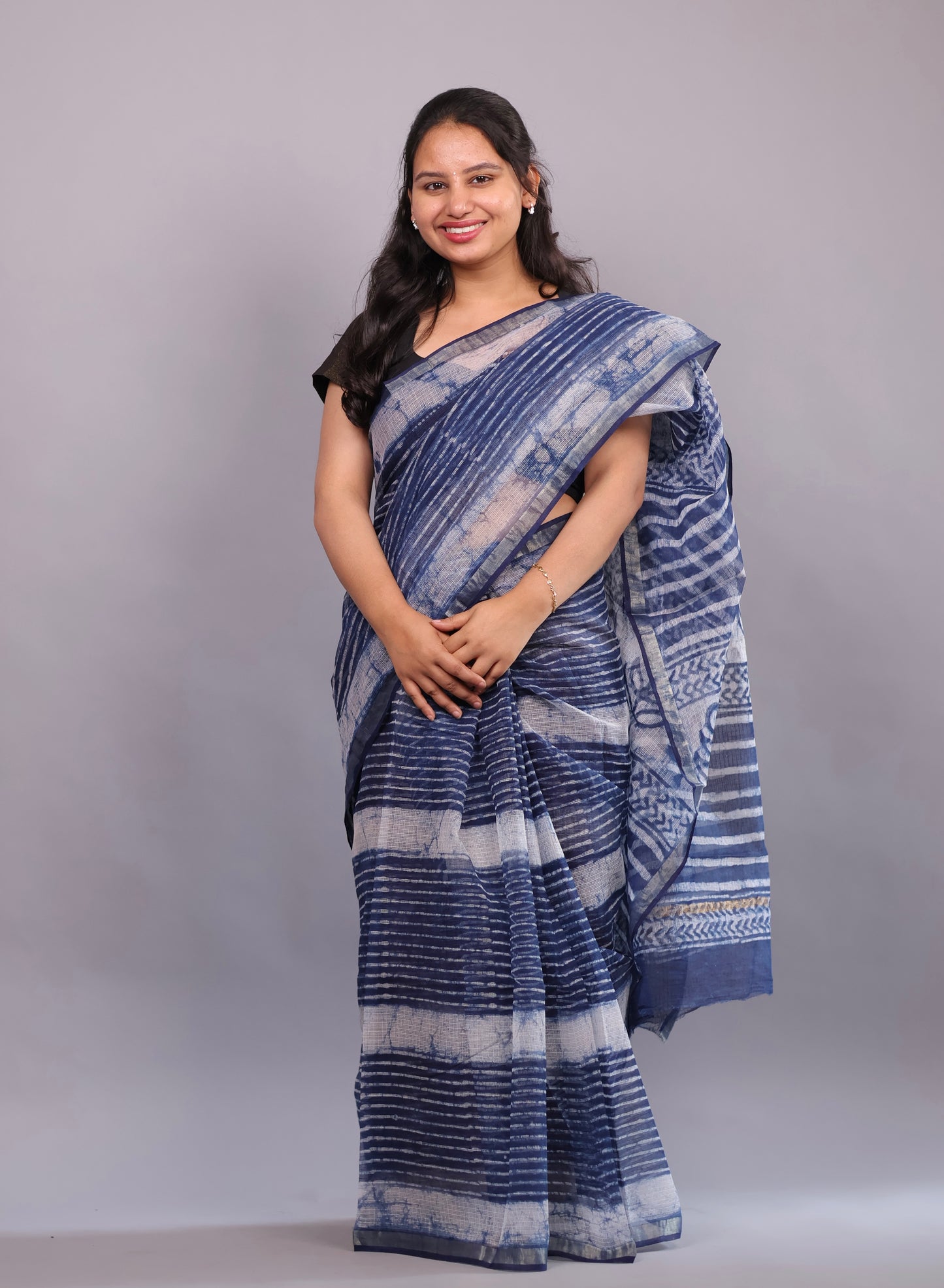 Pure Kota Doria Saree with Bagru Handblock Prints – Blue | Looms&Tassels