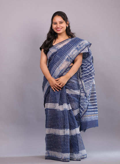 Pure Kota Doria Saree with Bagru Handblock Prints – Blue | Looms&Tassels