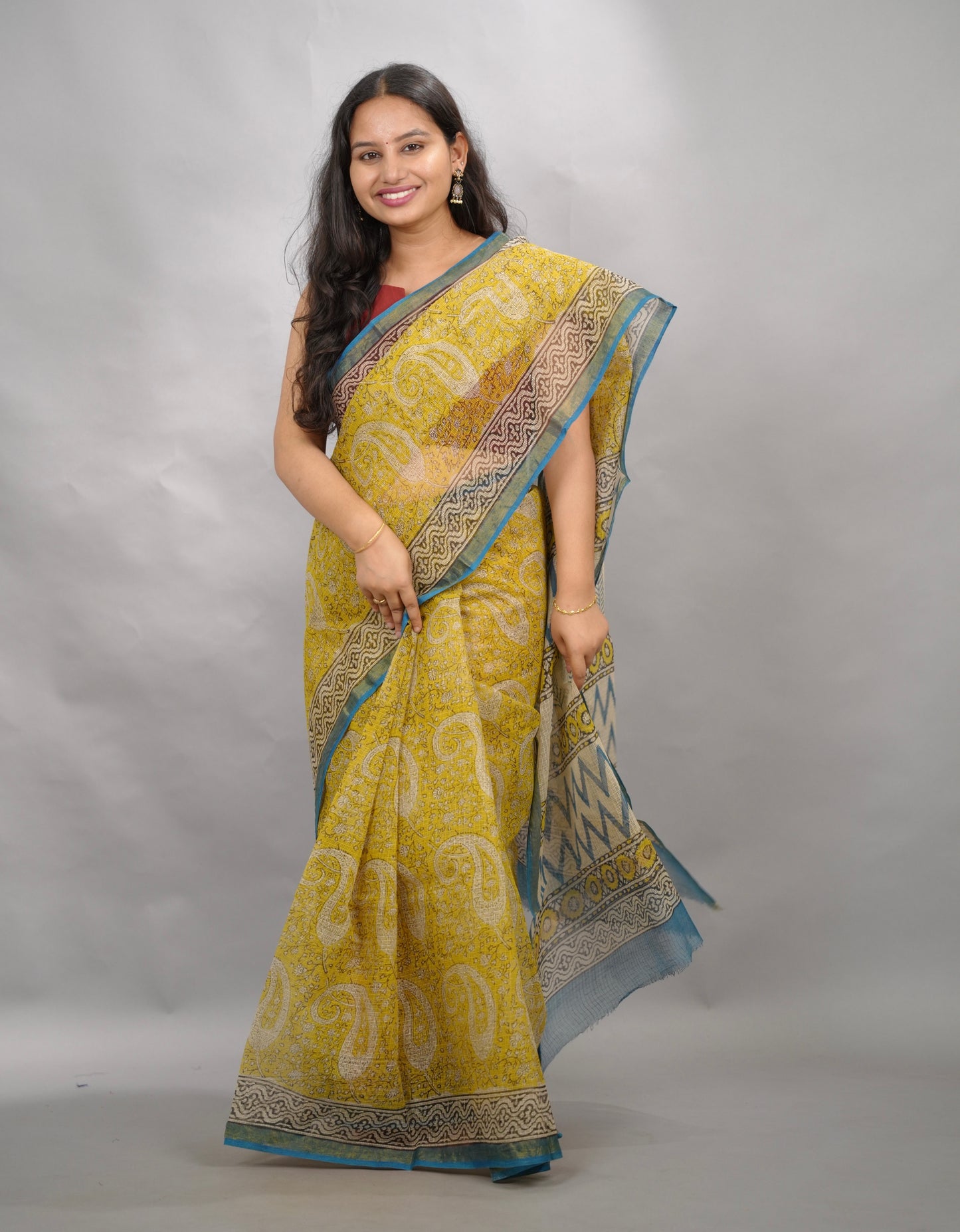 Yellow Pure Kota Doria Saree with Bagru Handblock Prints | Looms & Tassels