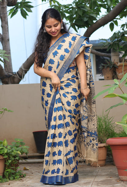 Cream & Blue Elephant Kalamkari Silk Handcrafted Nizam Border Saree