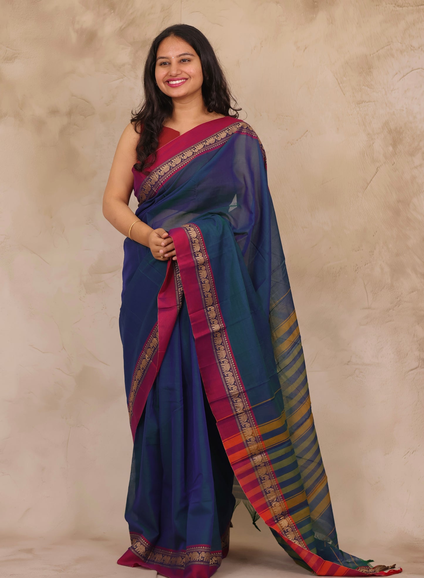 Peacock Blue Narayanpet Cotton Saree with Elephant Border | Looms & Tassels