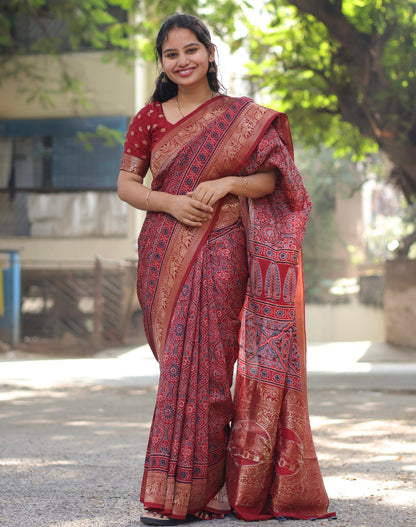 Maroon Traditional Ajrakh Dola Silk Saree