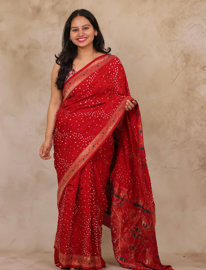 Red Handcrafted Pattern Bandhani Paithani Dola Silk Saree | Looms & Tassels