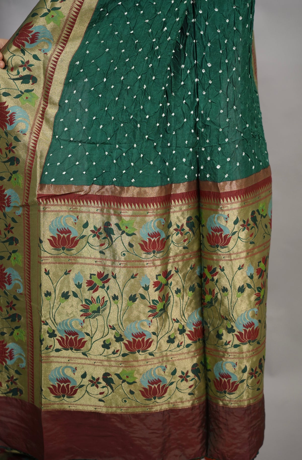 Green Handcrafted Bandhani Paithani Dola Silk Saree | Looms & Tassels