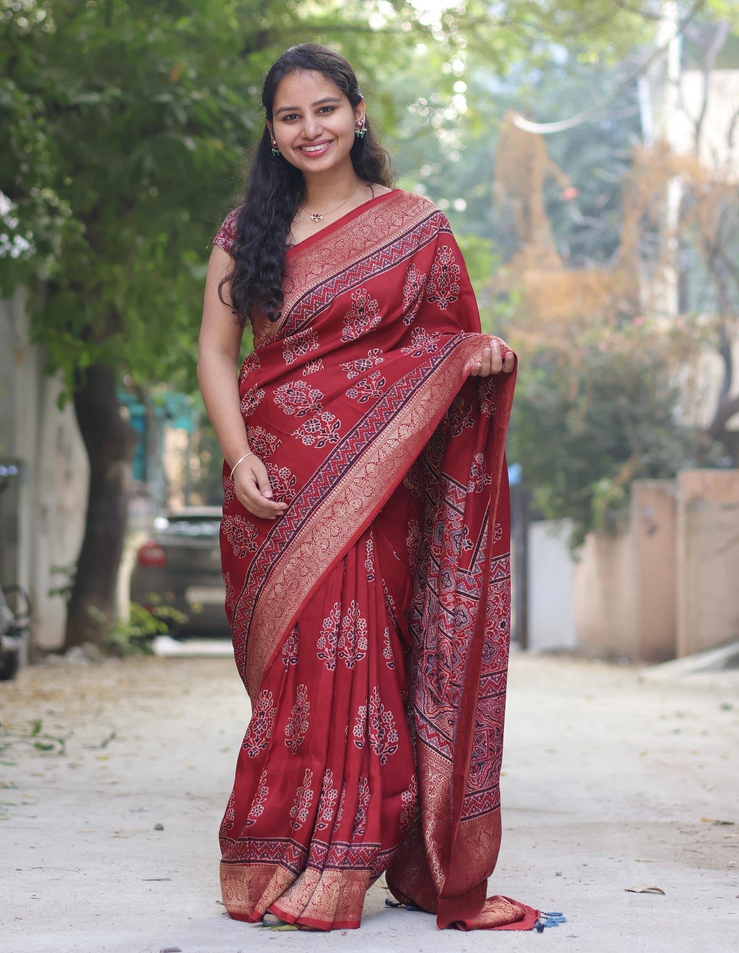 Maroon Butta Ajrakh Handblock Printed Dola Silk Saree
