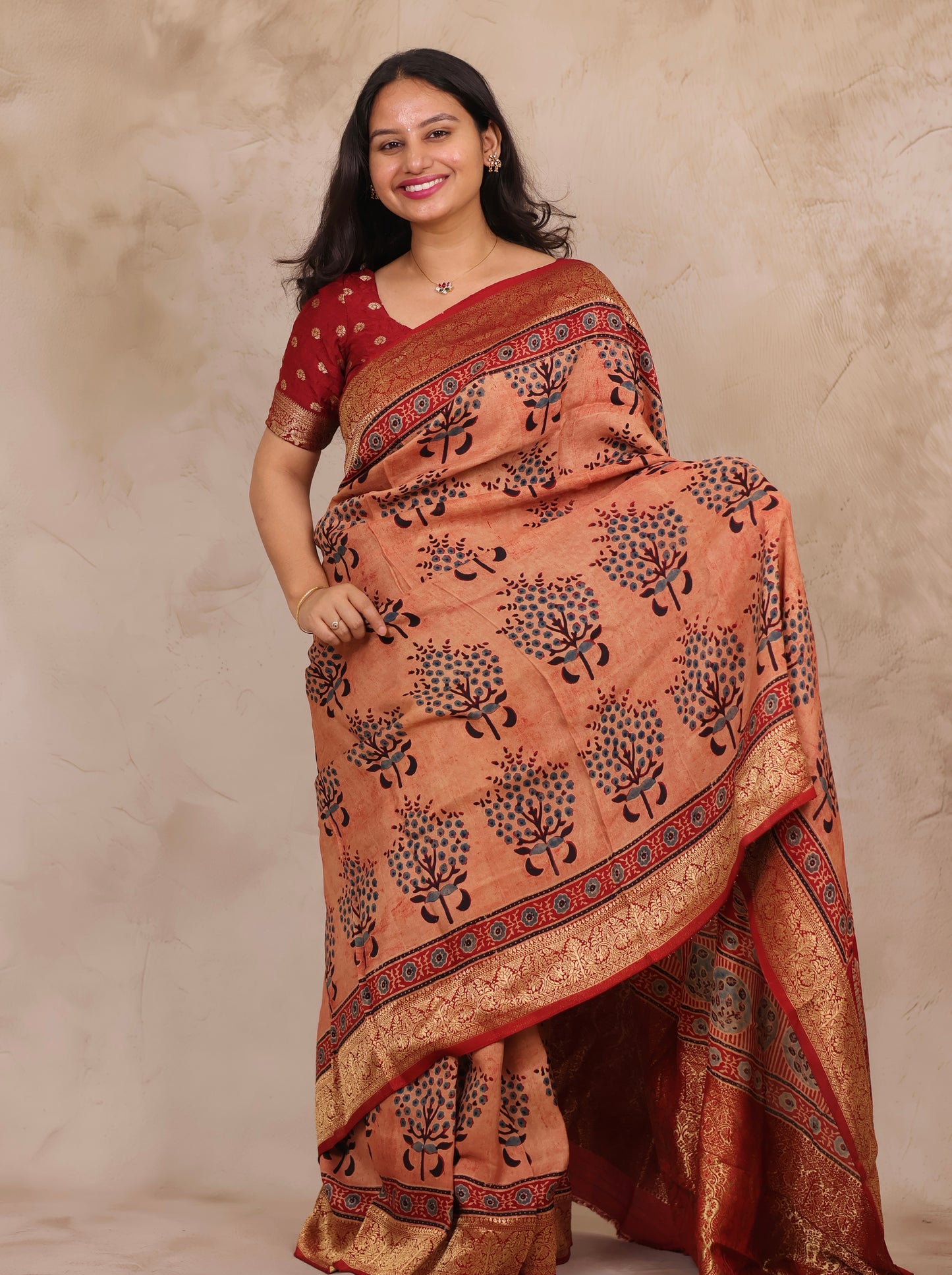 Onion Pink Ajrakh Handblock printed Dola Silk Saree | Looms & Tassels