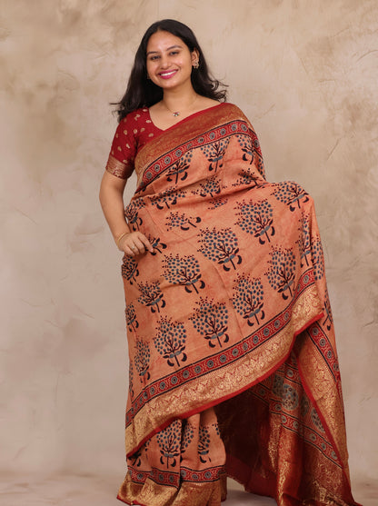 Onion Pink Ajrakh Handblock printed Dola Silk Saree | Looms & Tassels