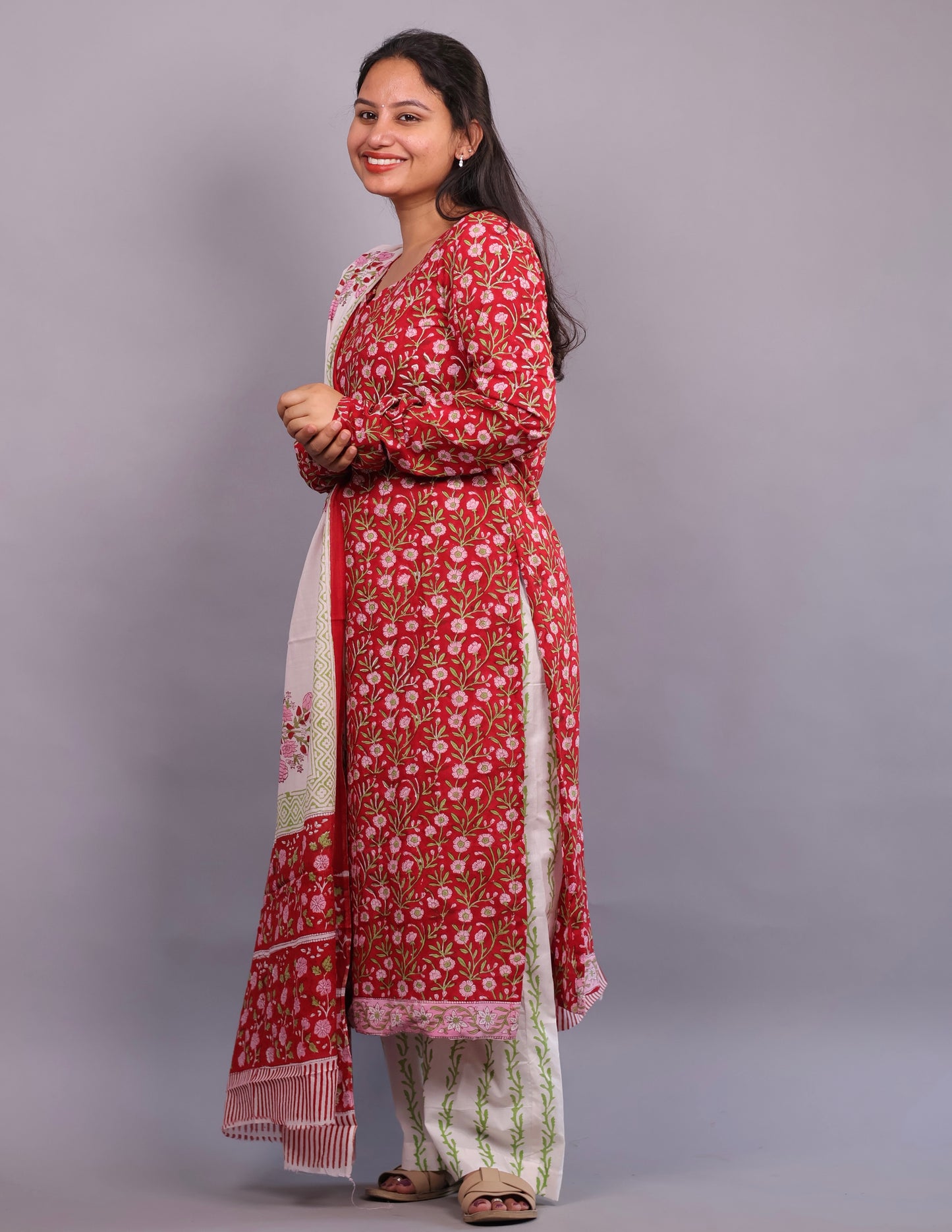 Red Floral Handblock printed Pure Mul Cotton with Mul Cotton Duppata 3 piece suit In Chudi Sleeves (stitched)