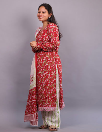 Red Floral Handblock printed Pure Mul Cotton with Mul Cotton Duppata 3 piece suit In Chudi Sleeves (stitched)