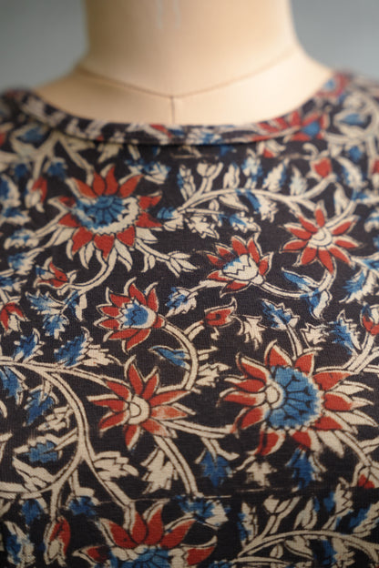 Black Boat Neck Stretchable Hand block printed kalamkari blouse