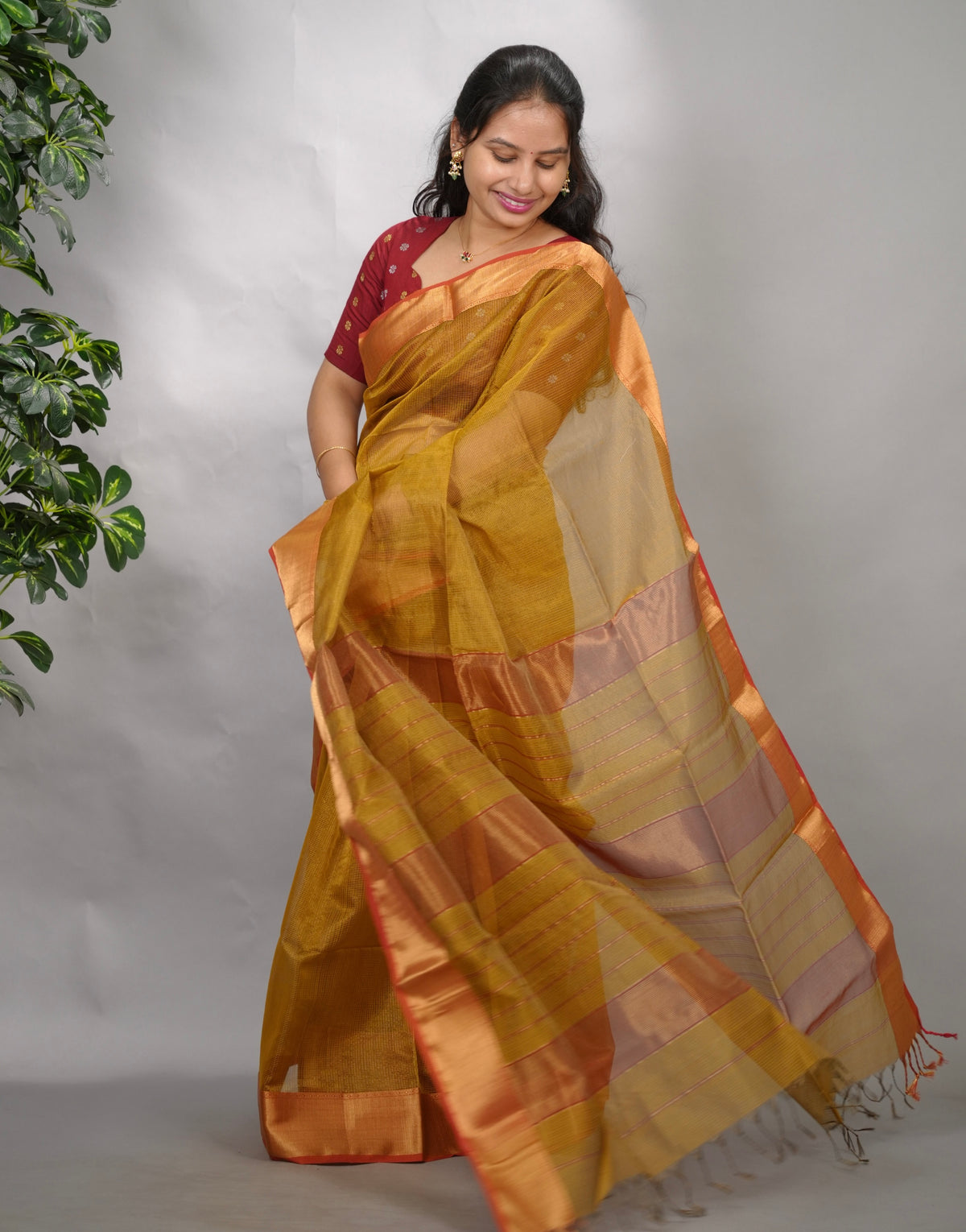 Mustard Yellow Checks Handloom Maheswari Tissue Silk Cotton Sarees | Looms & Tassels