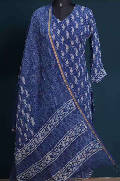 Indigo Handblock printed kota 3 piece suit (stitched)