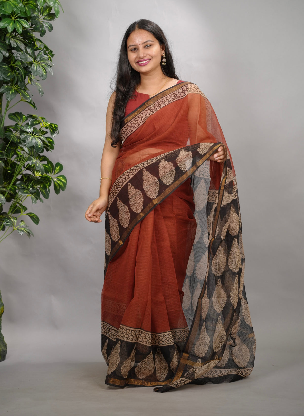 Maroon Pure Kota Doria Saree with Bagru Handblock Prints