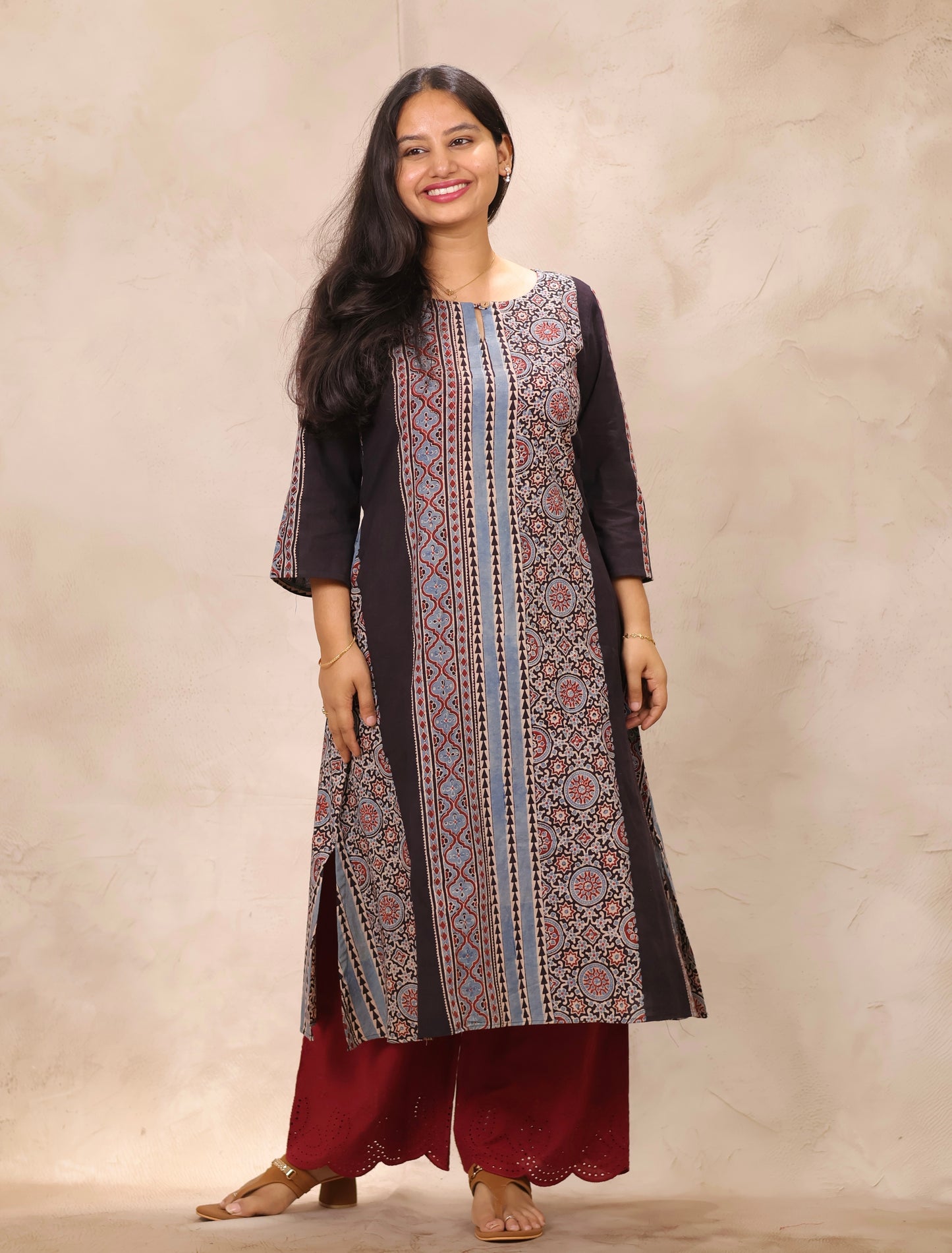 Black Ajrakh Pattern Hand Block printed Aline Kurti | Looms & Tassels