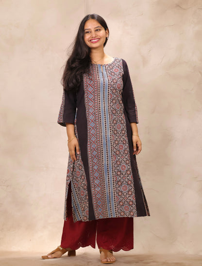 Black Ajrakh Pattern Hand Block printed Aline Kurti | Looms & Tassels