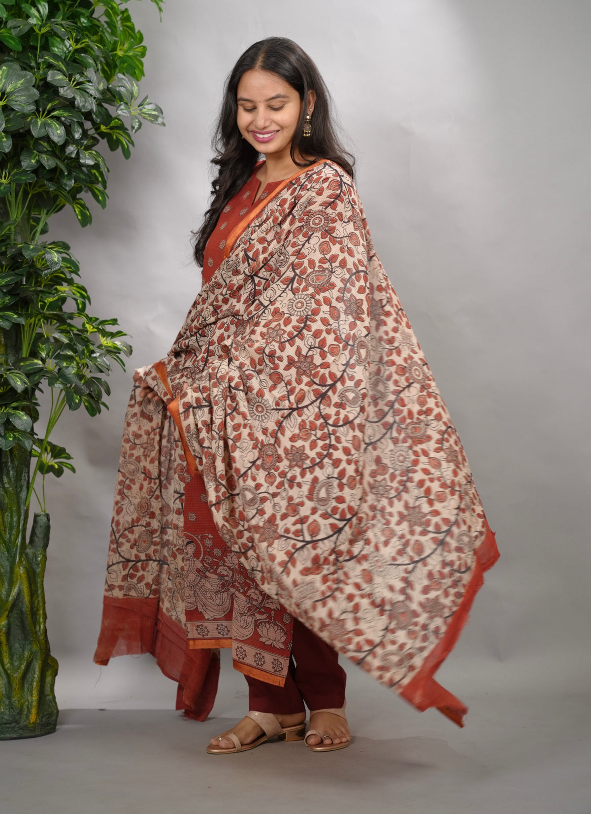 Maroon Kalamkari Kota Cotton 3 piece suit (stitched) | Looms & Tassels